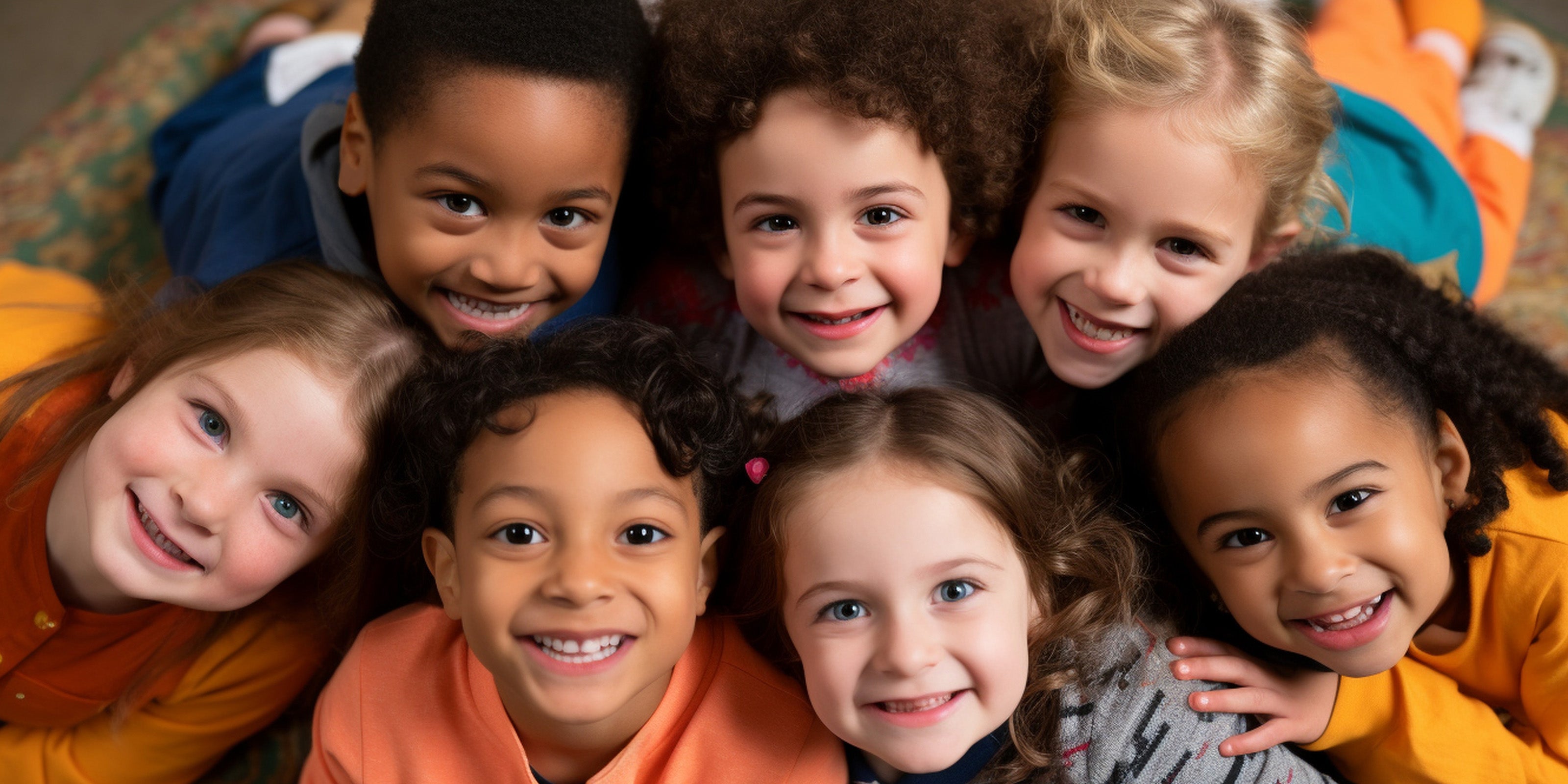 The image shows a group of happy, smiling children of various ethnicities looking up at the camera