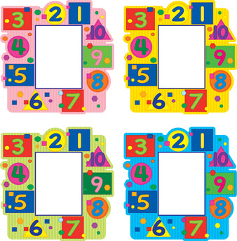 Colorful number and shape frames for children's educational toys.
