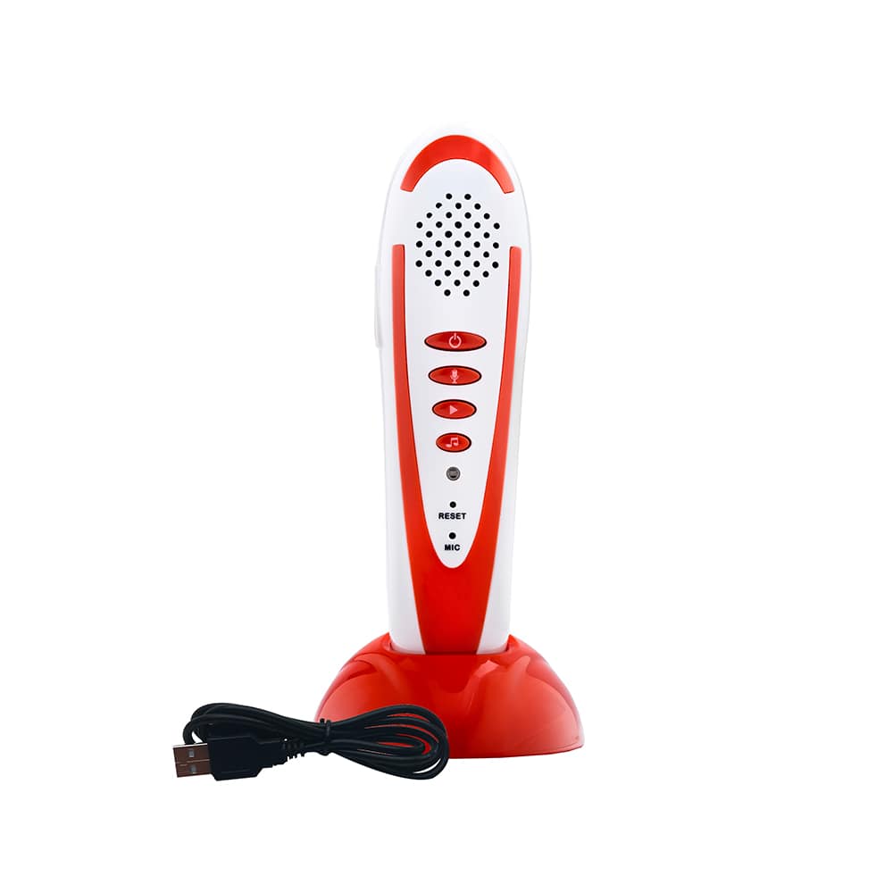 Red and white electronic device with a USB cable on a white background