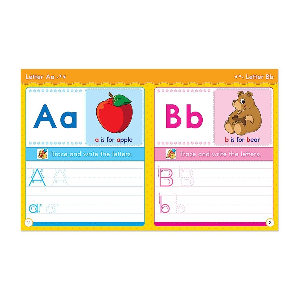 This image presents a worksheet for practicing writing the letters Aa and Bb, along with associated vocabulary and images.