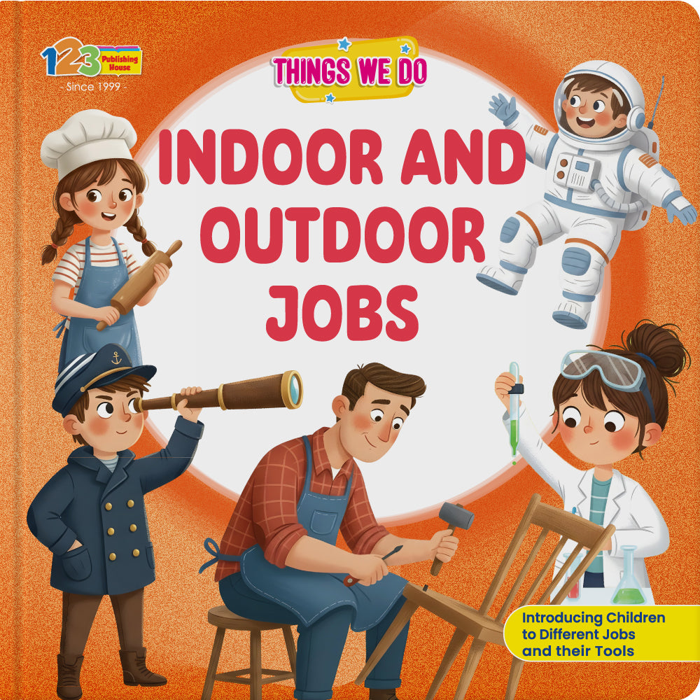 Book cover of 'Indoor and Outdoor Jobs' with illustrations of children in various professions on an orange background.