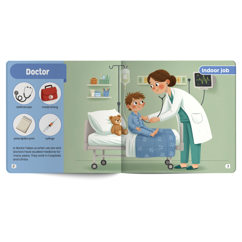 Illustration of a doctor examining a child in a hospital bed with medical equipment on a green background.