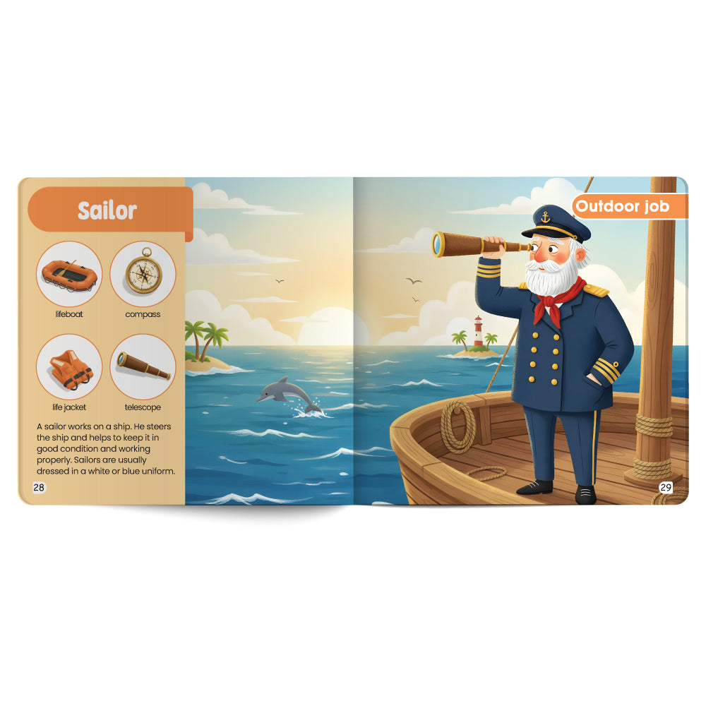Illustration of a sailor on a boat with a job description card on a white background
