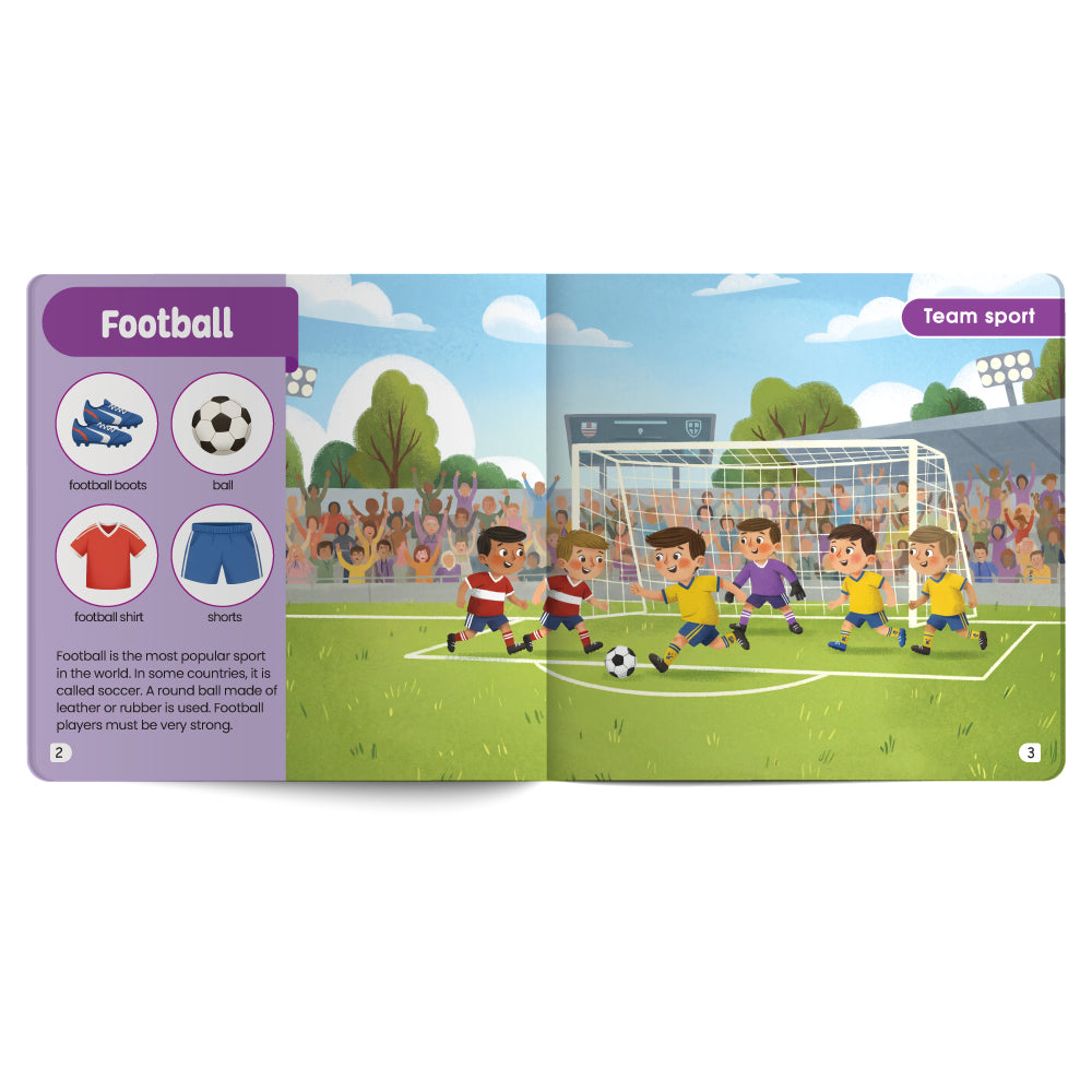 Open book showing a soccer game illustration with text and icons on a white background