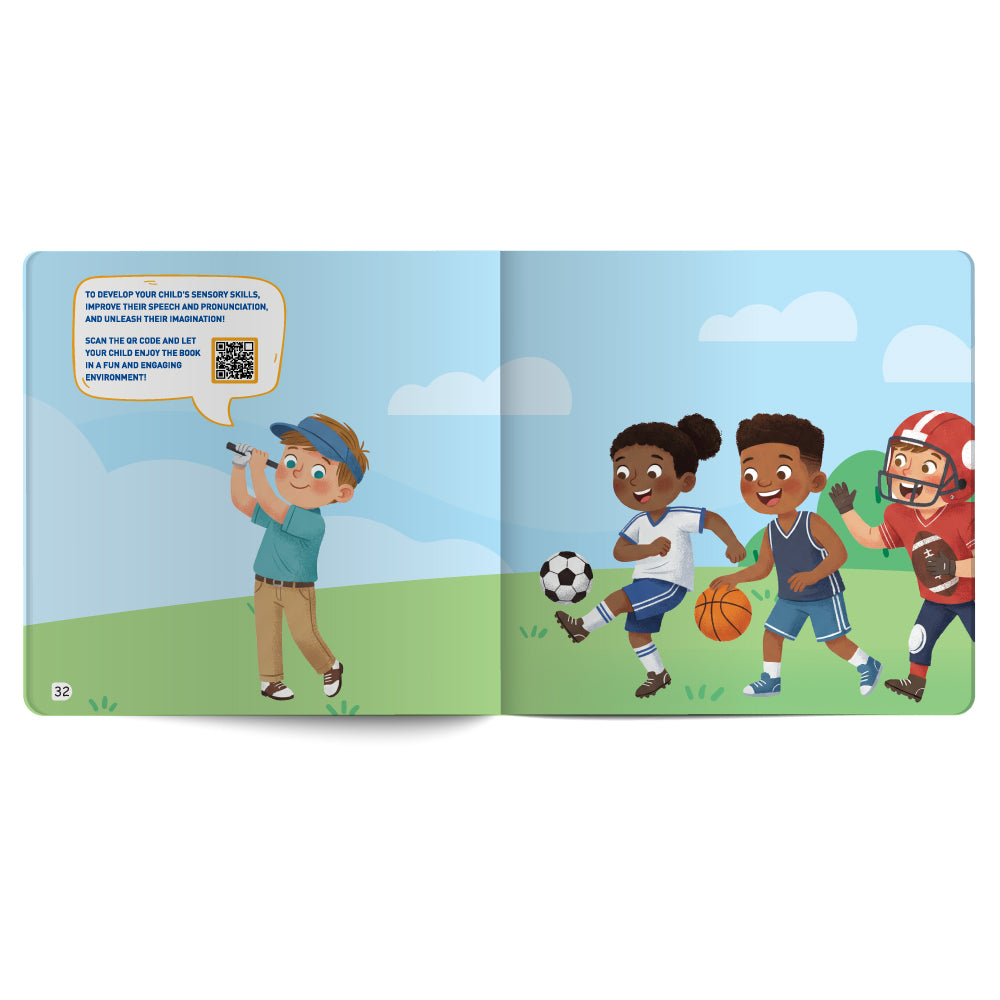 Open book showing cartoon children playing sports with a QR code on a blue sky background