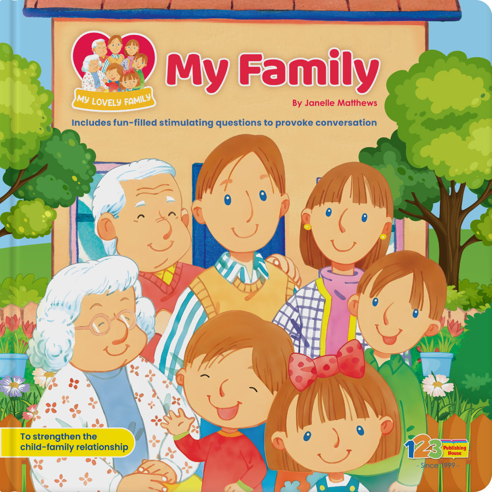 Children's book cover titled 'My Family' with cartoon family illustration.