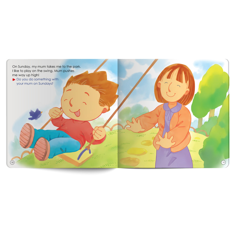 Illustrated book page with two children playing on a swing set in a park.