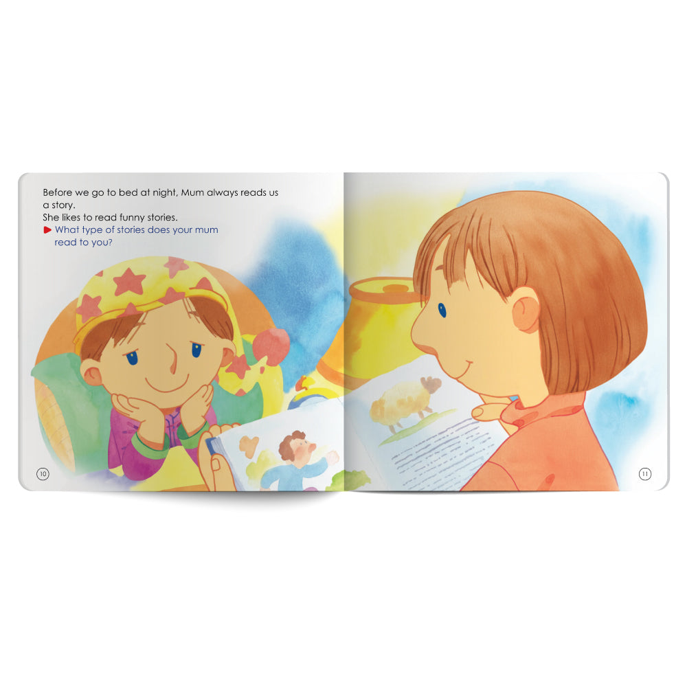 Illustrated book open to two pages showing a child reading to a child wearing a crown.