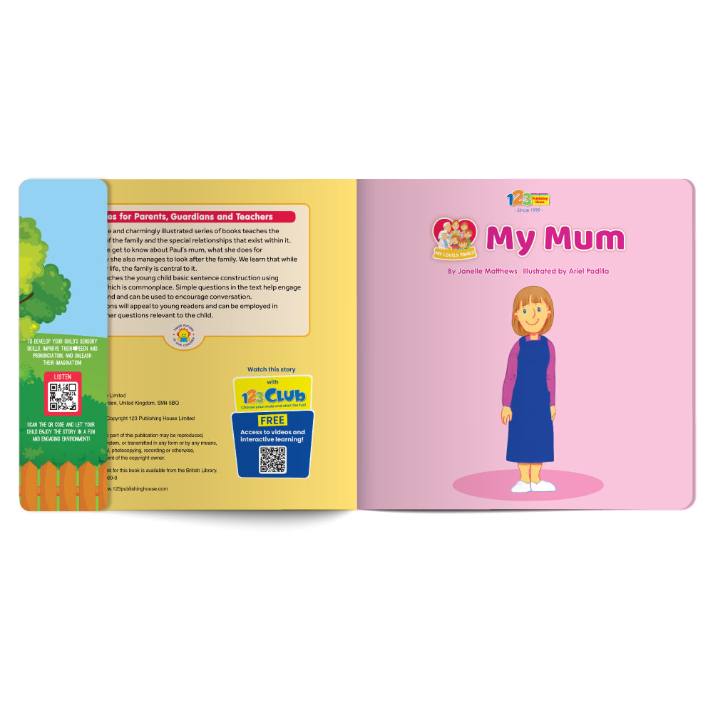 Children's book open to a page with an illustration of a woman labeled 'My Mum' on a pink background.