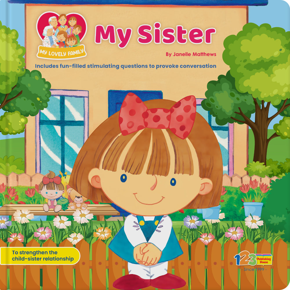 Children's book titled 'My Sister' with a cartoon girl and garden scene on the cover.