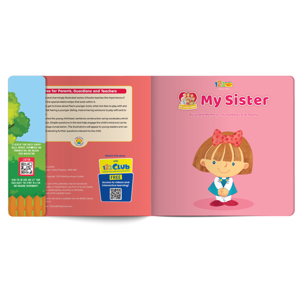 Children's book open to a page with an illustration of a girl and text on a pink background