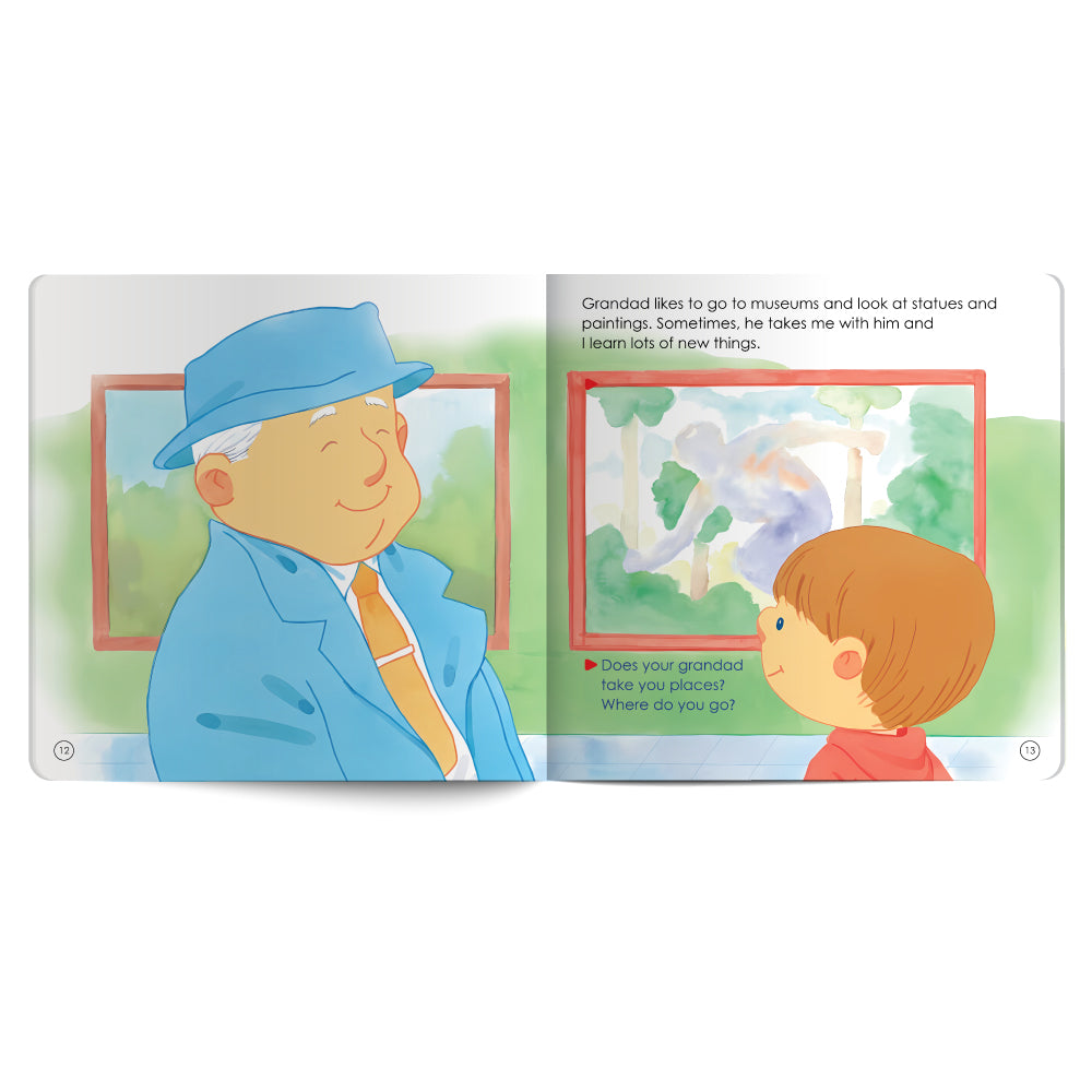 Illustration of a grandfather and child looking at paintings in a museum.