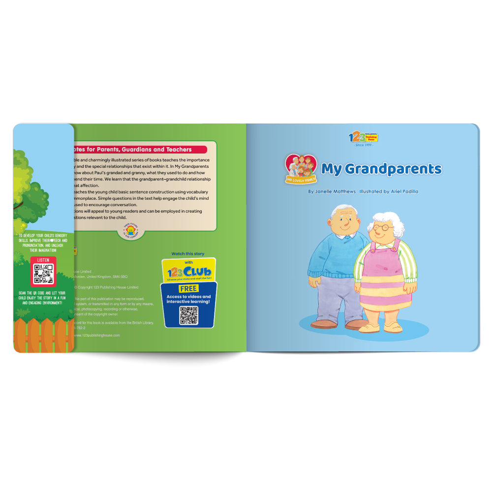 Children's book open to a page with cartoon grandparents on a blue background