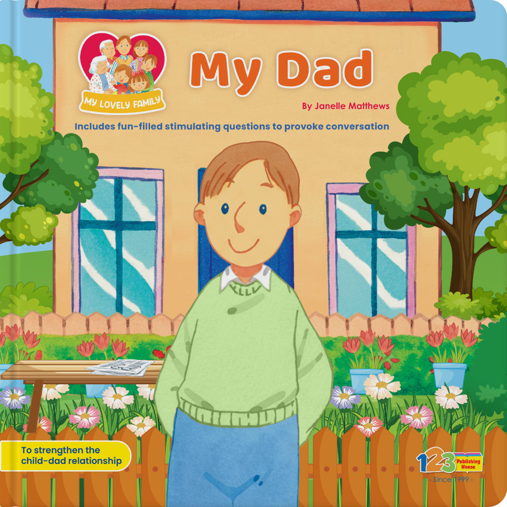 Book cover of 'My Dad' with a cartoon illustration of a father in a garden.
