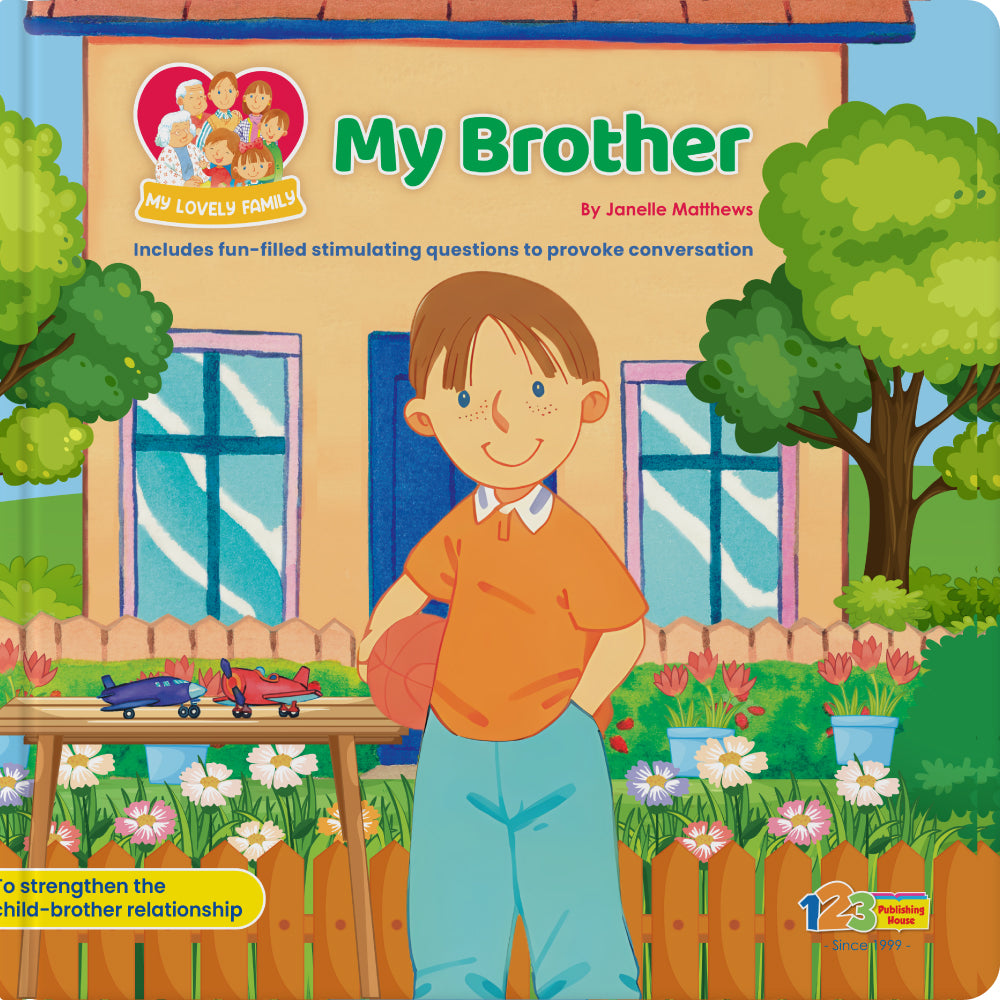 Children's book cover titled 'My Brother' with a boy standing in front of a house.