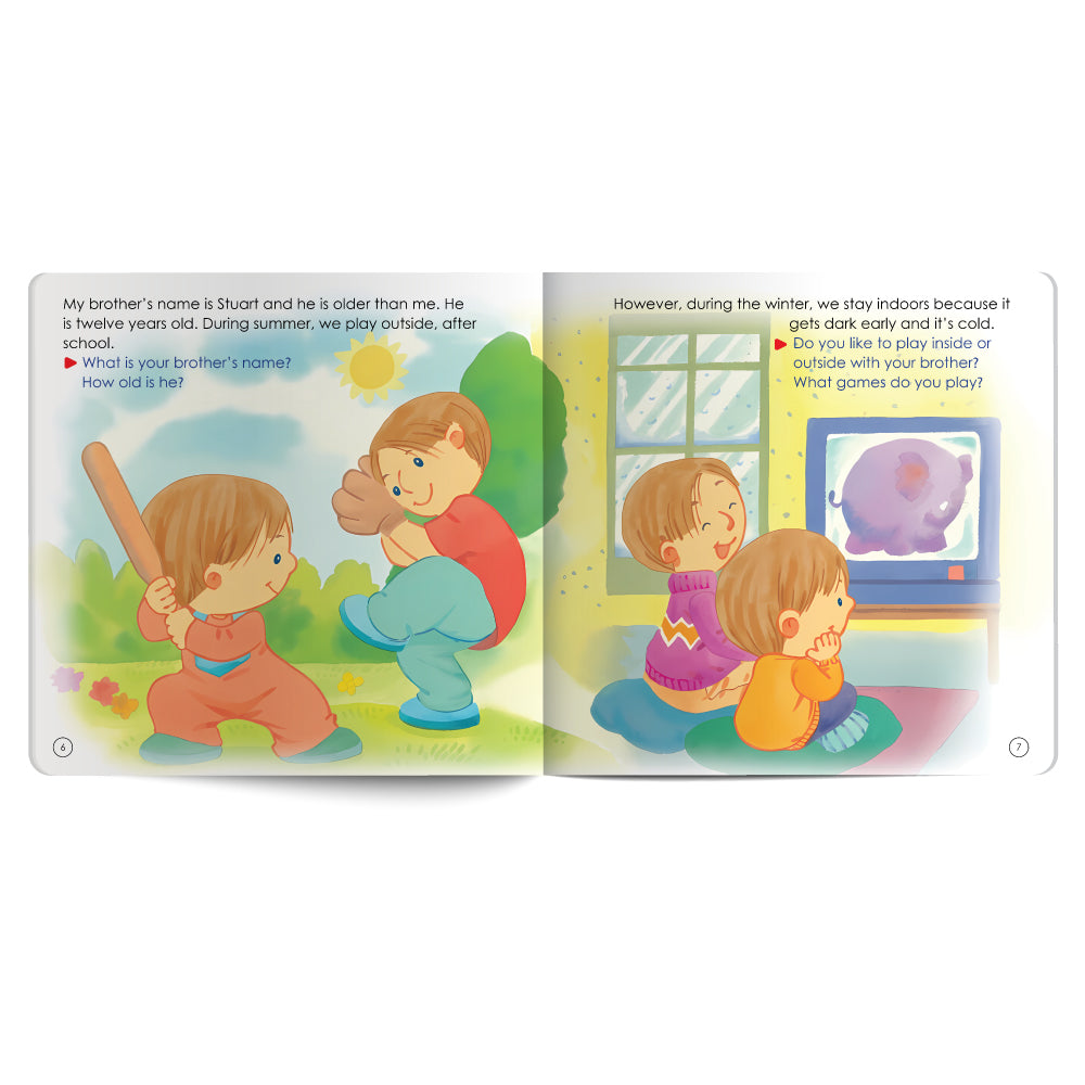Children's book with illustrations of two boys playing baseball and two girls watching TV.