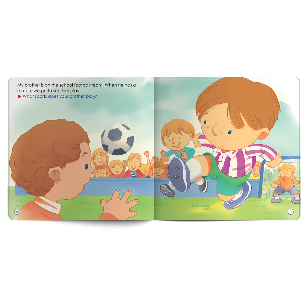 Illustrated book page showing two children playing soccer with a text box.