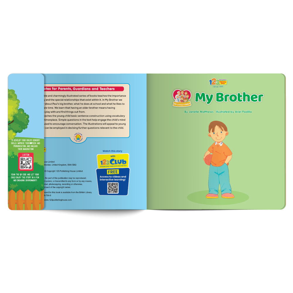 Children's book open to a page with a boy illustration and text on a white background