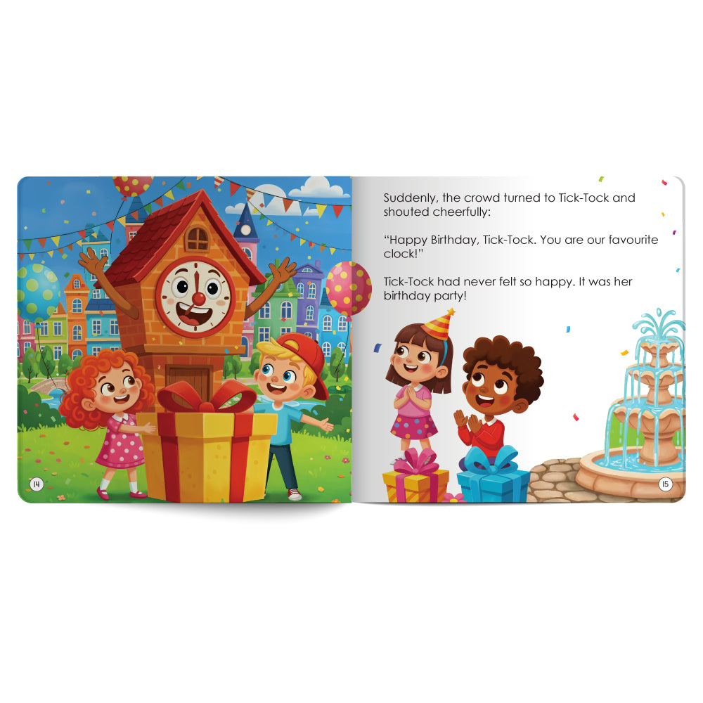 Illustrated book page with a clock tower, children, and birthday cake on a white background