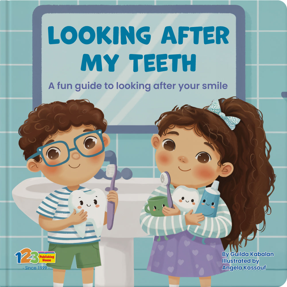 Book cover of 'Looking After My Teeth' with two children holding dental-themed toys in a bathroom setting.