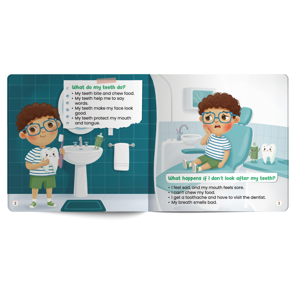 Children's book open to pages about teeth hygiene with illustrations of a child and dental-themed graphics.