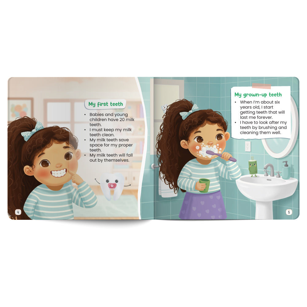 Children's book open to pages about teeth development and brushing, featuring a girl with pigtails.