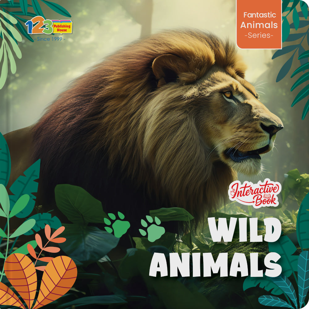 Book cover of 'Wild Animals' with a lion and jungle foliage
