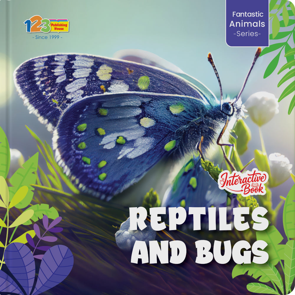 Book cover of 'Reptiles and Bugs' with a blue butterfly on a green leafy background