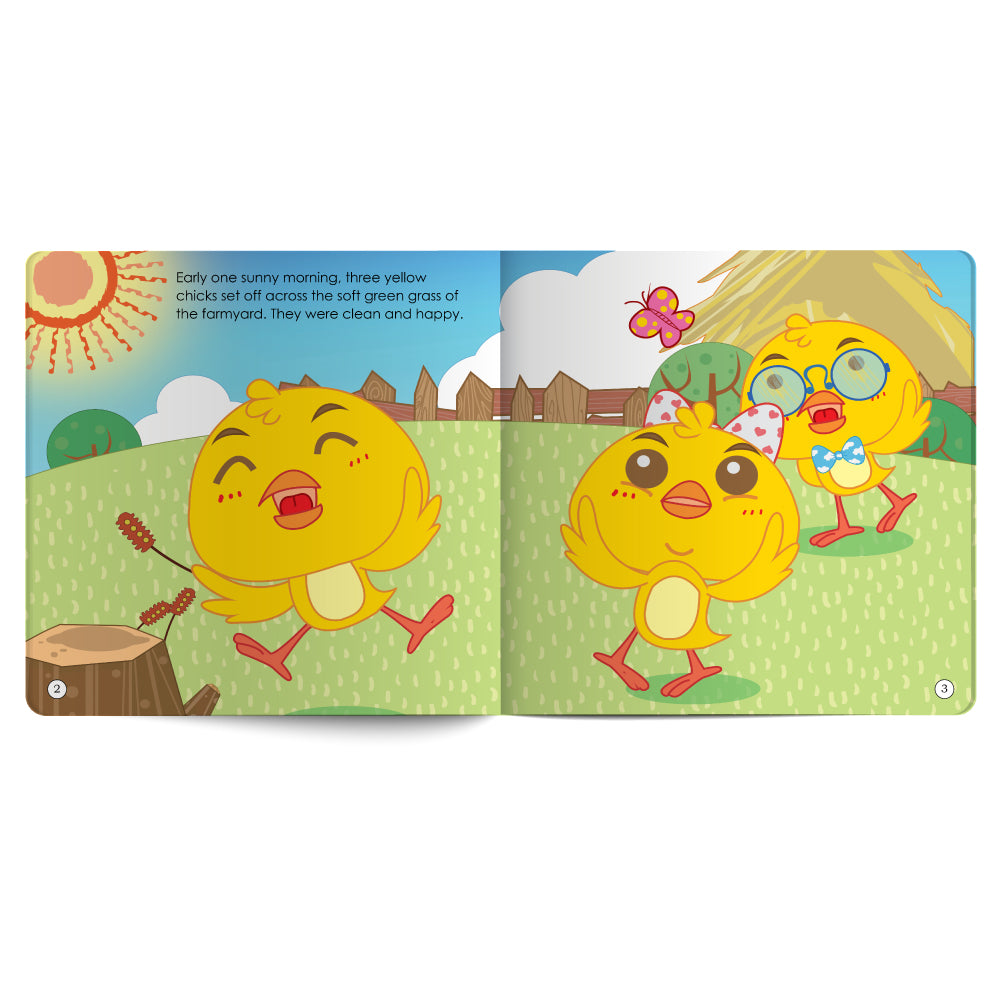 Illustrated book open to two pages with cartoon chicks on a farm background