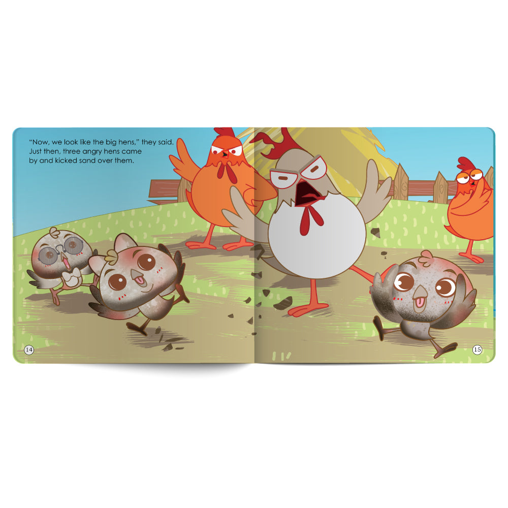 Illustrated book page with cartoon rooster and chickens on a farm background