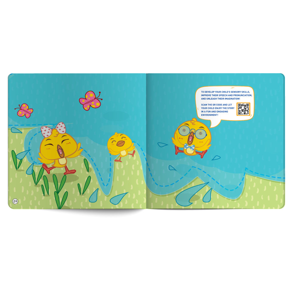 Open book with cartoon characters on a white background