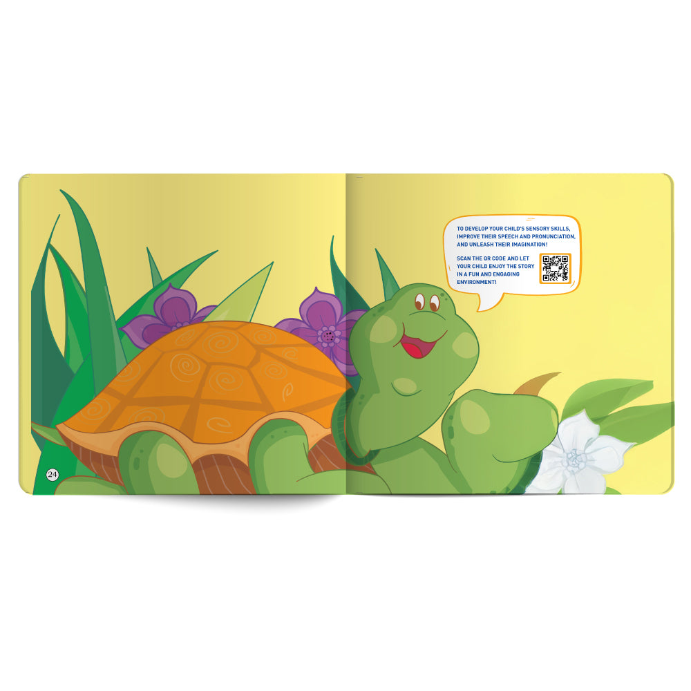 Illustrated book page with a cartoon turtle and QR code on a yellow background