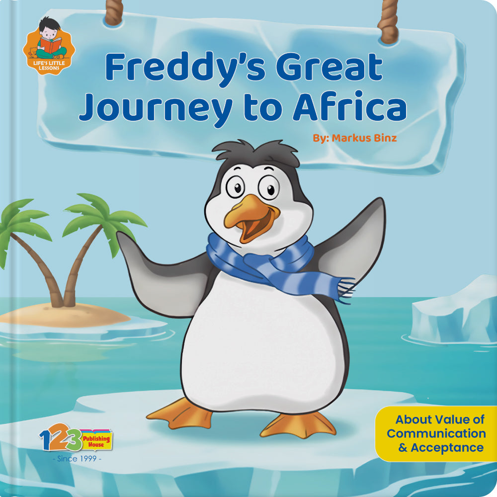Book cover of 'Freddy's Great Journey to Africa' with a penguin character and tropical island background.