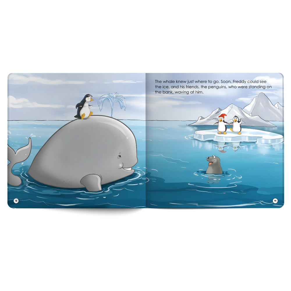 Illustrated book open to pages showing a whale, penguins, and a seal in an icy landscape.