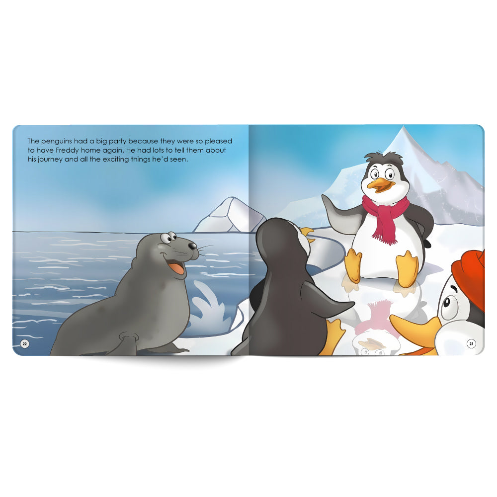 Illustrated book page with penguins and a seal on a snowy background