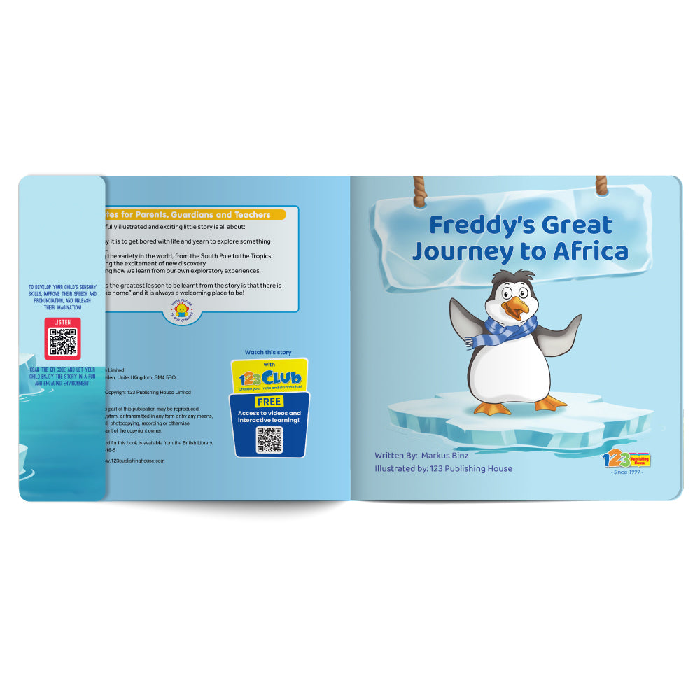 Open book showing a penguin character on a blue background with text about 'Freddy's Great Journey to Africa'.