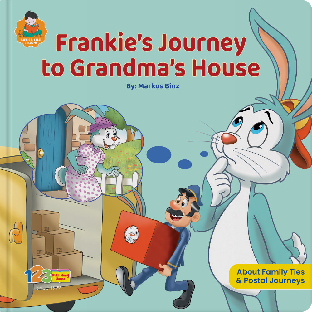 Book cover of 'Frankie's Journey to Grandma's House' with cartoon characters and a suitcase.