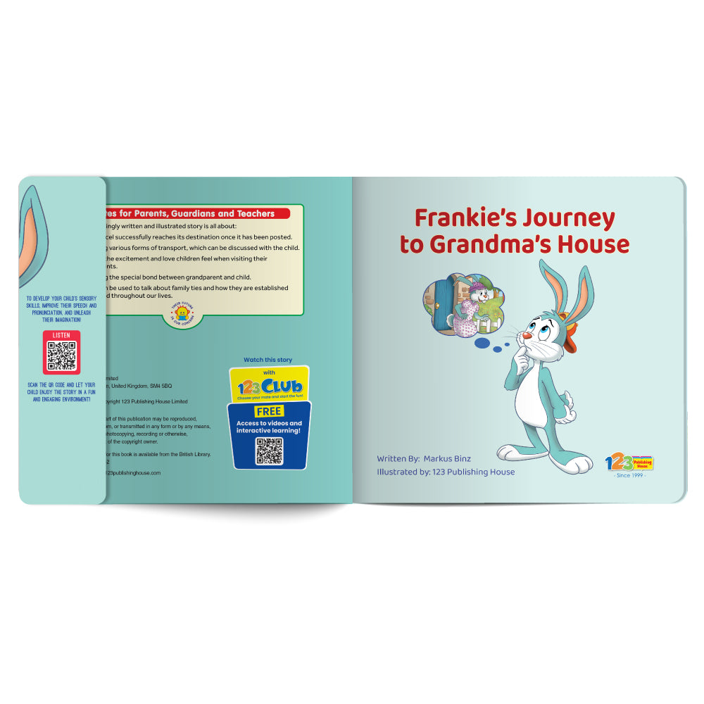 Children's book open to a page with a cartoon character and text on a white background