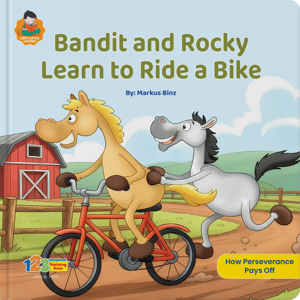 Book cover of 'Bandit and Rocky Learn to Ride a Bike' with two cartoon horses on a bicycle.