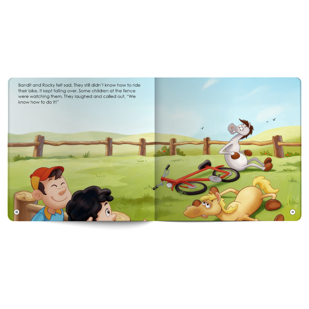 Illustrated book page with children and a dog watching a child fall off a bike.