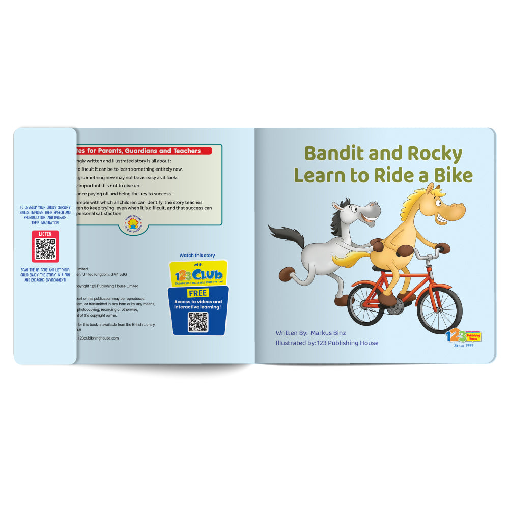 Children's book open to a page with cartoon horses on a bike and text 'Bandit and Rocky Learn to Ride a Bike'.