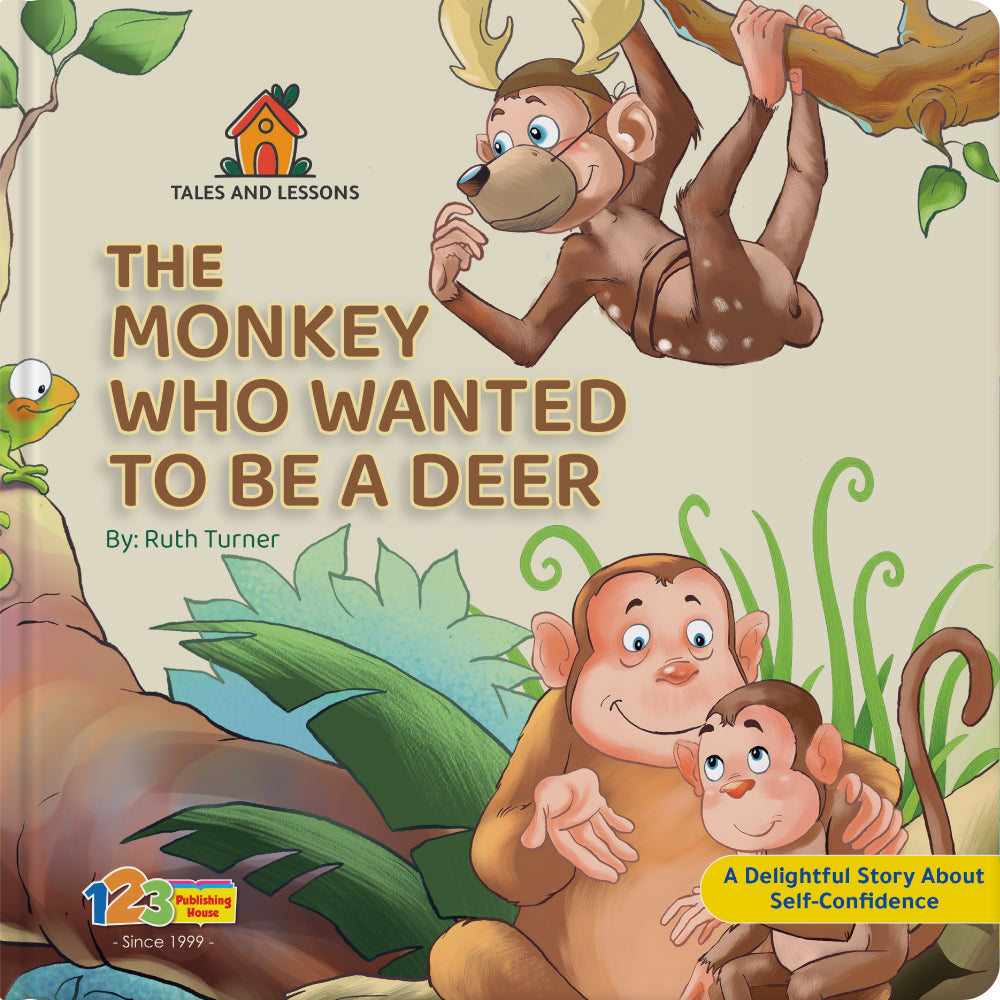 Book cover of 'The Monkey Who Wanted to Be a Deer' with cartoon monkey and deer characters.