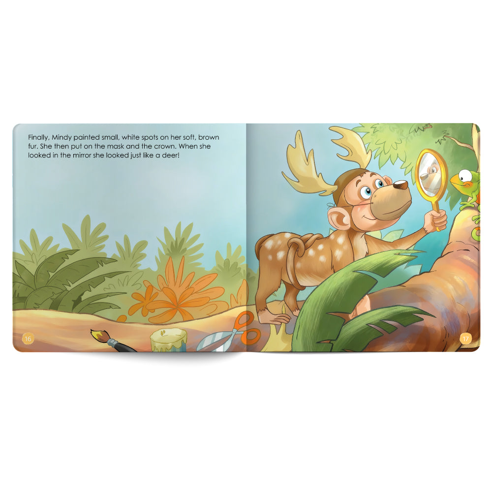 Illustrated book page with a monkey character in a forest setting, holding a mirror.