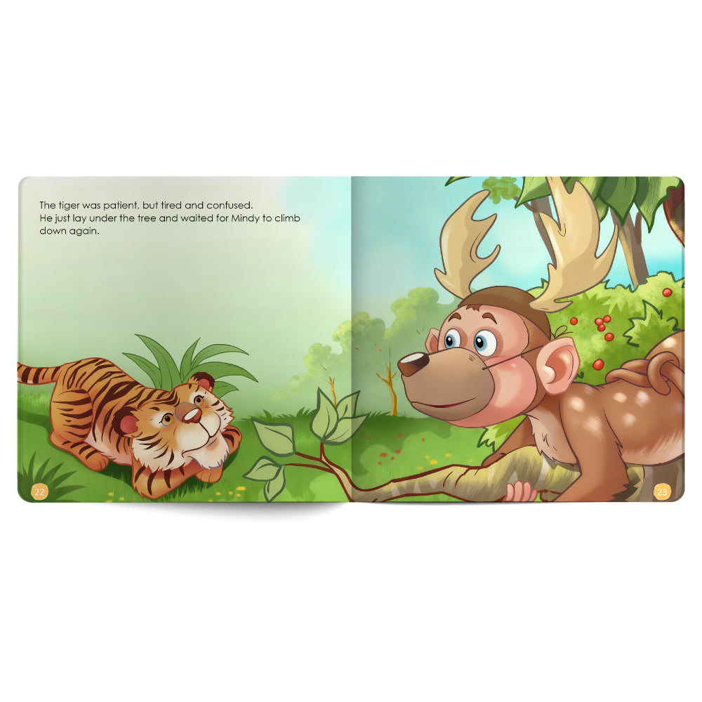 Illustrated book page with a tiger and deer in a forest setting