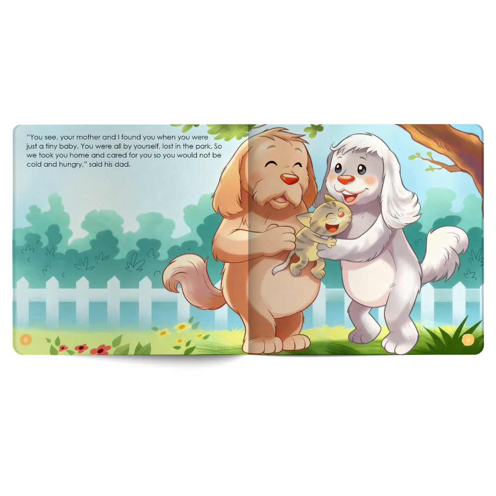 Illustration of two cartoon dogs holding a baby in a park setting with text.