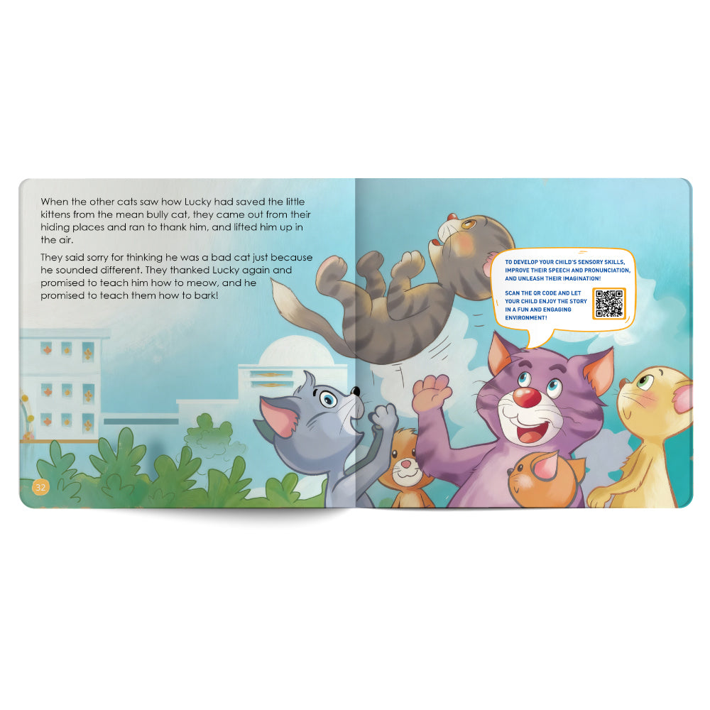 Open book with cartoon characters on a white background