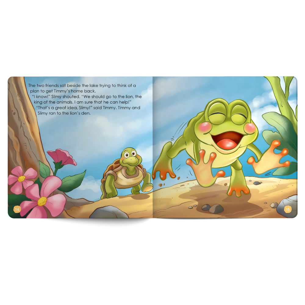 Illustrated book open to two cartoon characters, a frog and a turtle, on a natural background.