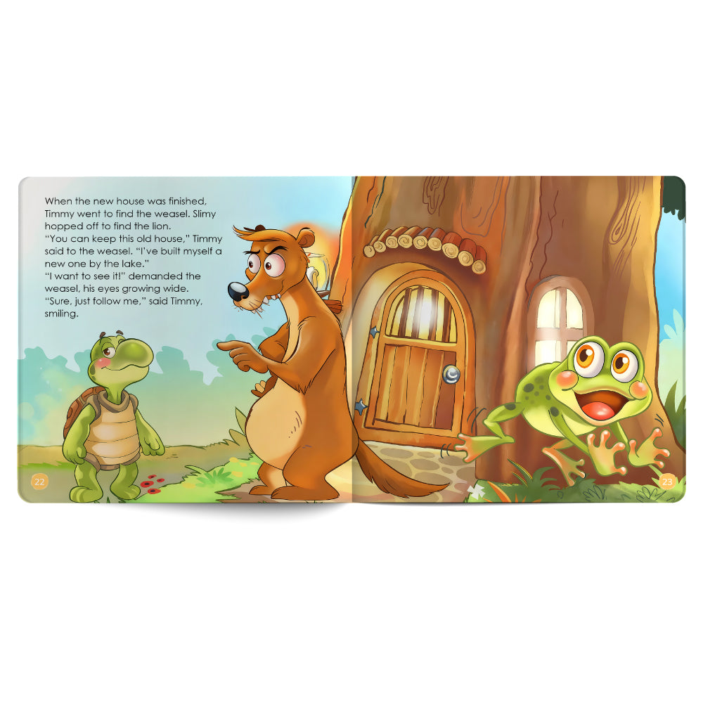 Children's book illustration with a bear, turtle, and frog in front of a treehouse.