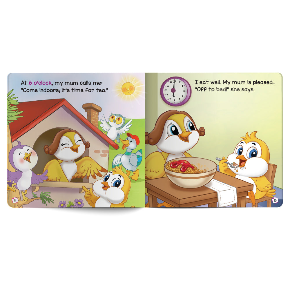 Illustrated children's book pages with cartoon birds and a clock.
