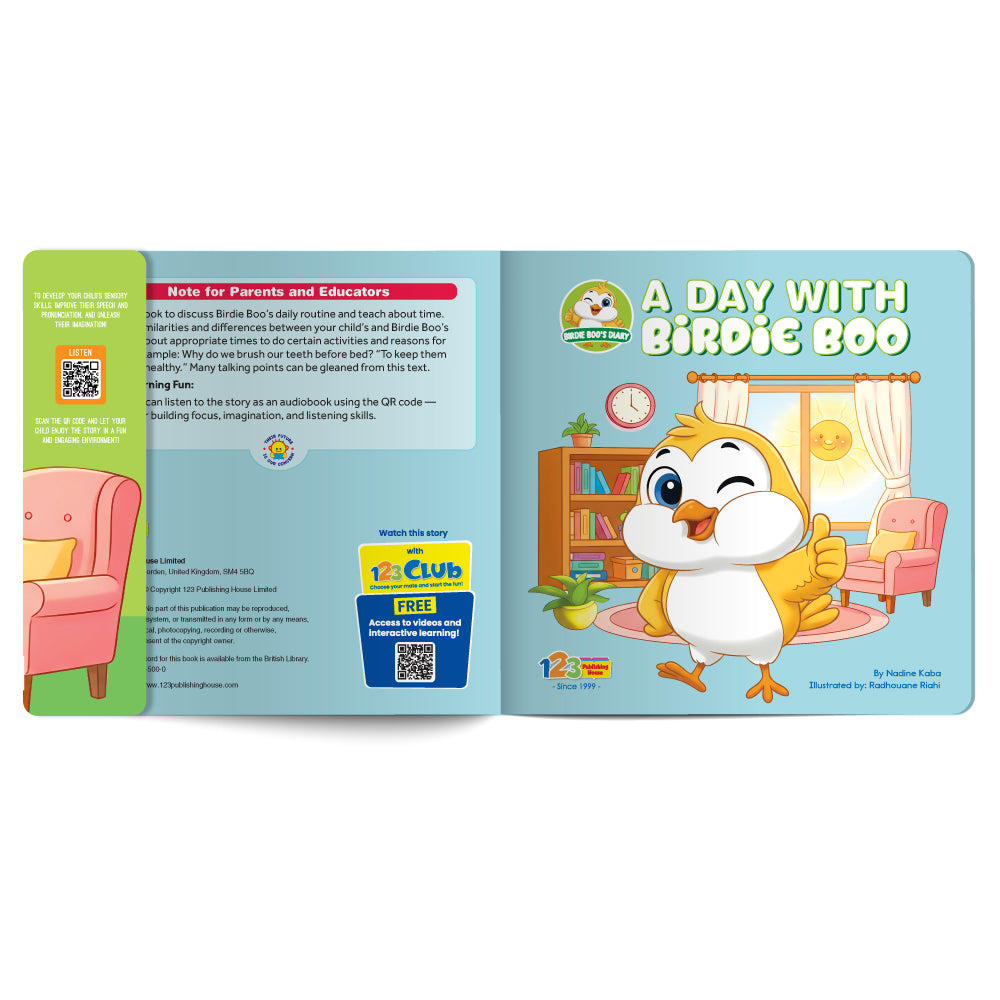 Open book with a cartoon character on a light blue background